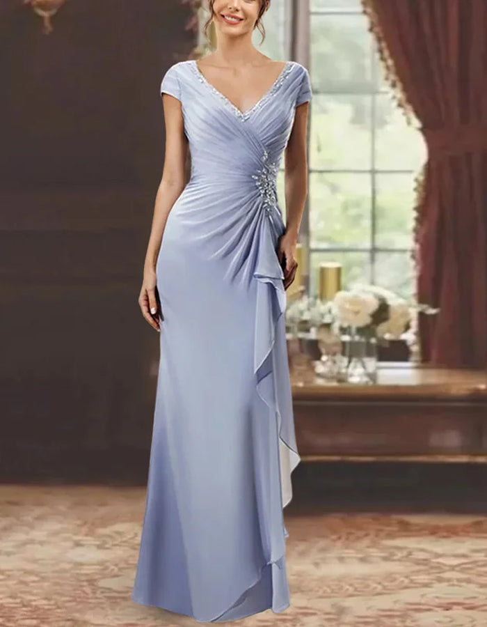 V-neck Solid Color Ruffles Maxi Dress