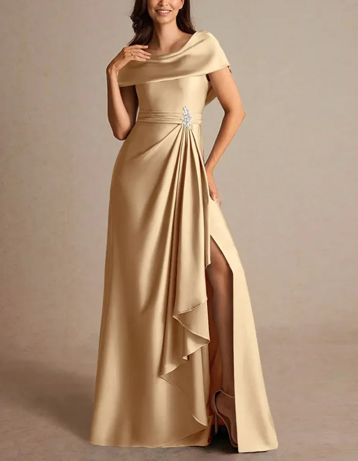 Champagne Silk Short Sleeves  Maxi Dress