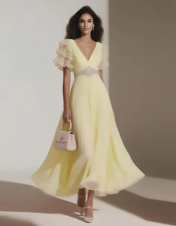 Chiffon Solid Color Lotus Leaf Sleeves Midi Dress