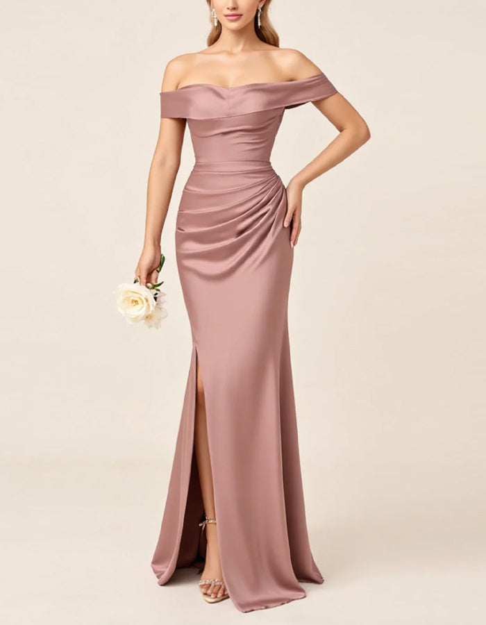 Rose Pink Satin Off Shoulder Maxi Dress