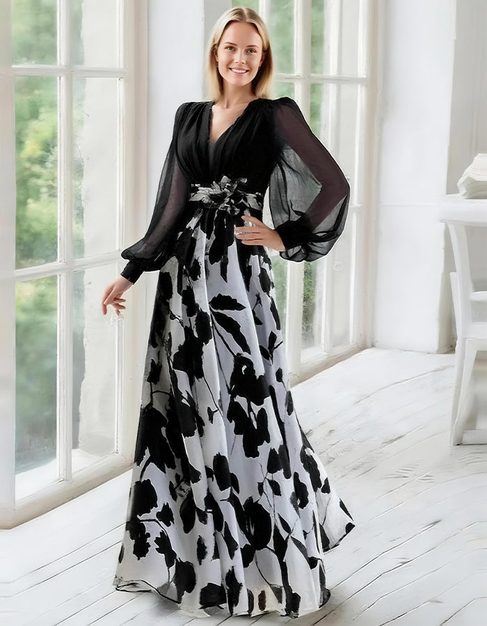 Elegant Navy Chiffon Gown with Floral Print Skirt and Sheer Bishop Sleeves