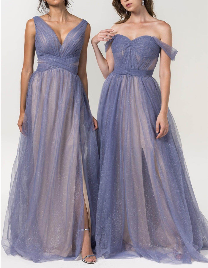 Robe longue de demoiselle d'honneur en tulle scintillant à col en V