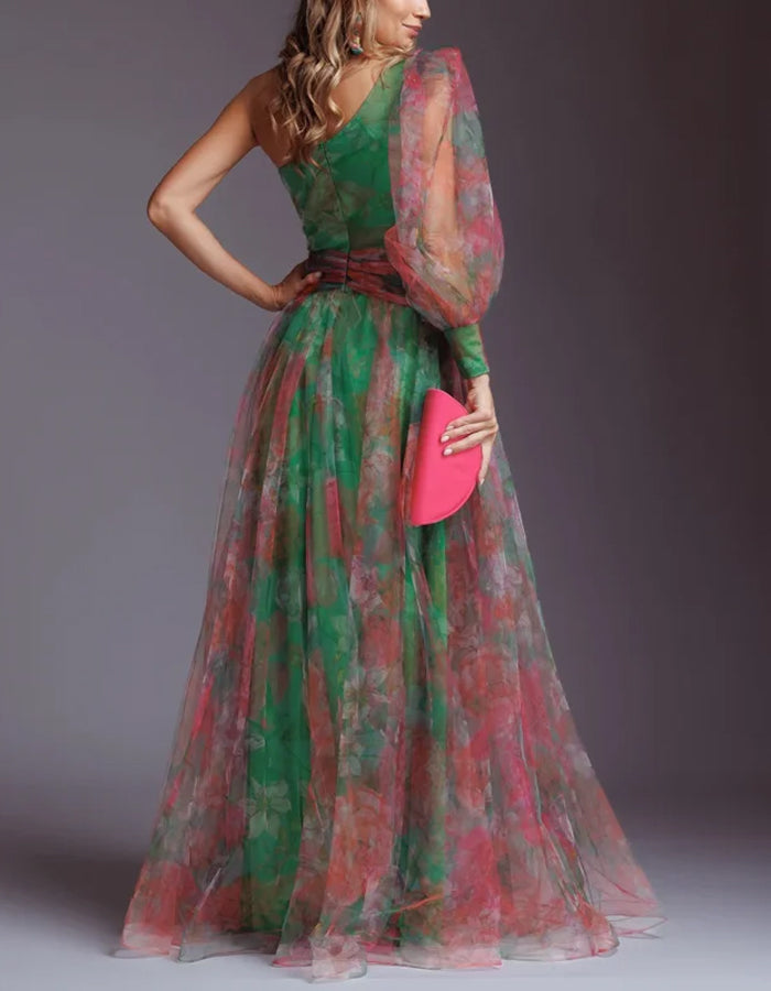 Elegant Organza Gown with Asymmetrical Neckline and Floral Appliqué