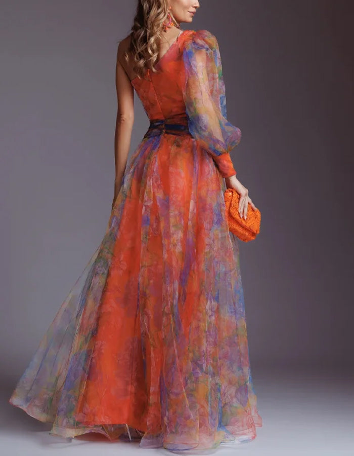 Elegant Organza Gown with Asymmetrical Neckline and Floral Appliqué