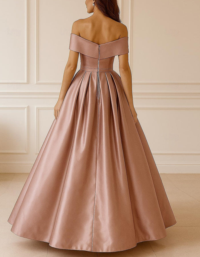 A-line Elegant Floor-length Off-the-shoulder Short-sleeved Satin Maxi Dress