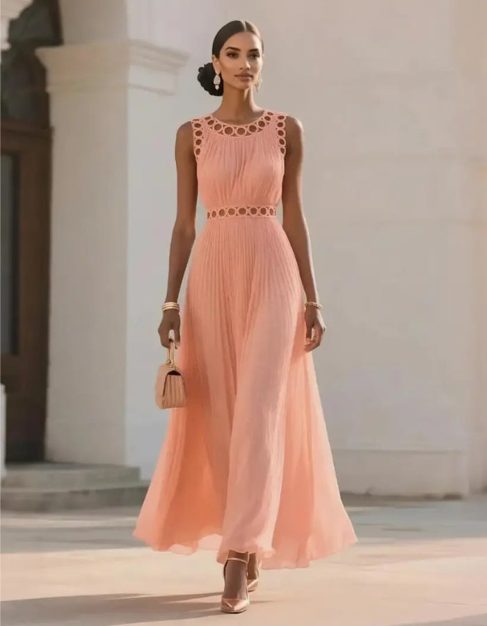 Peach Pleated Maxi Dress with Circular Cut-Out Detail