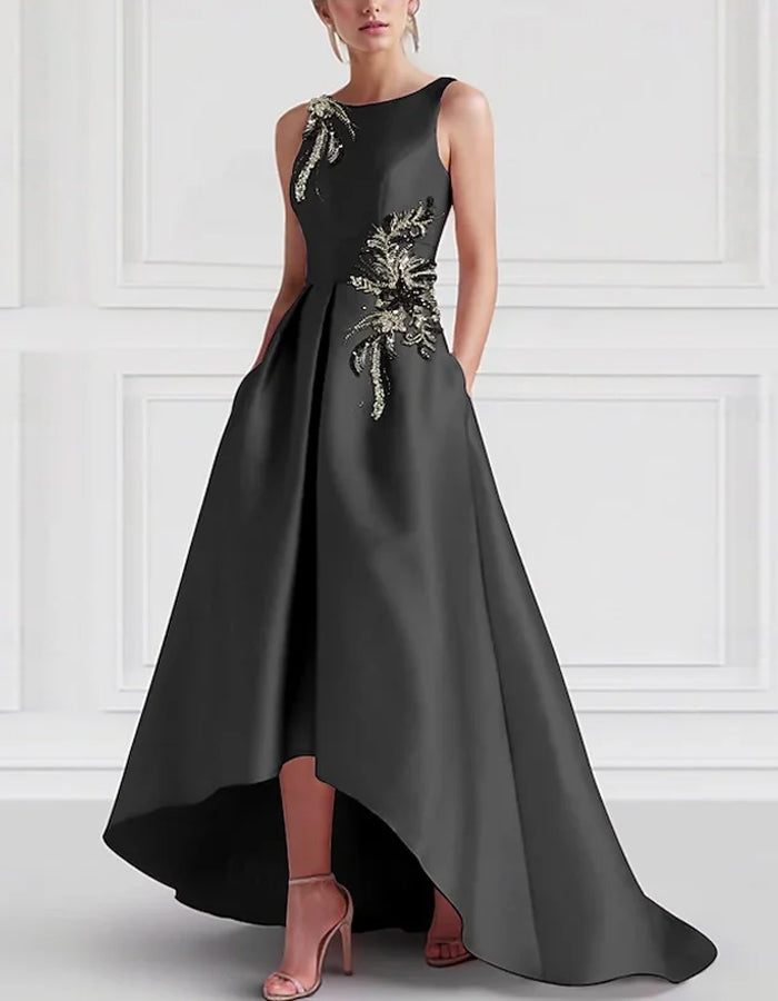 Elegant Dark Gray Satin High-Low Gown with Beaded Appliqué