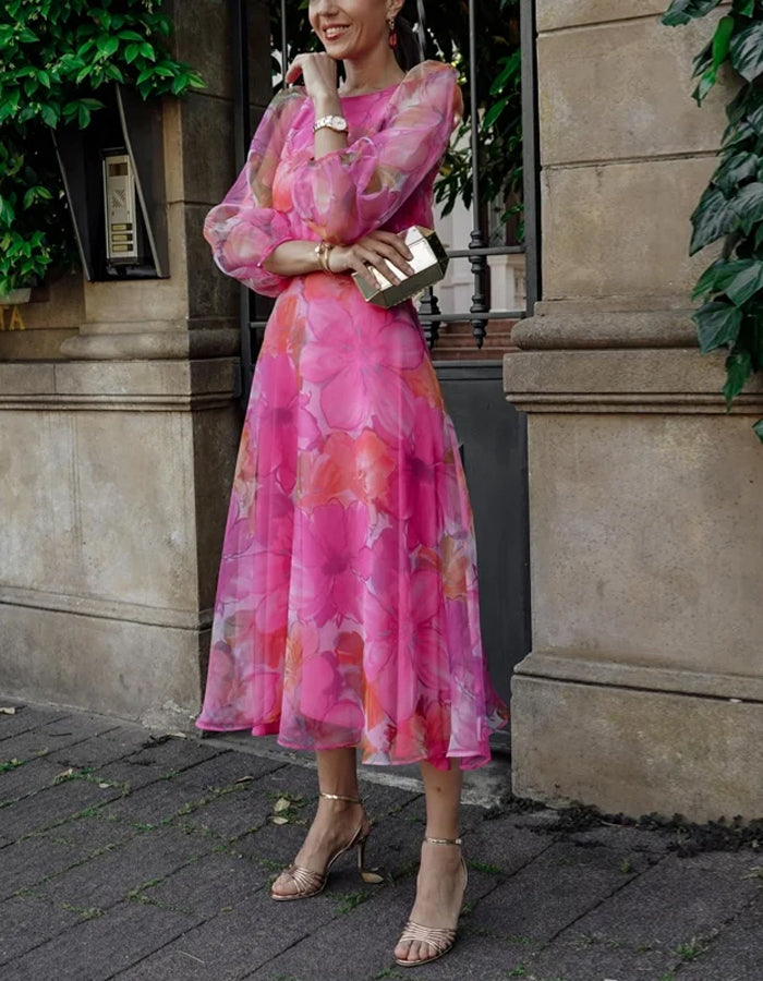 Elegant Organza Midi Dress with Sheer Puff Sleeves and Floral Print