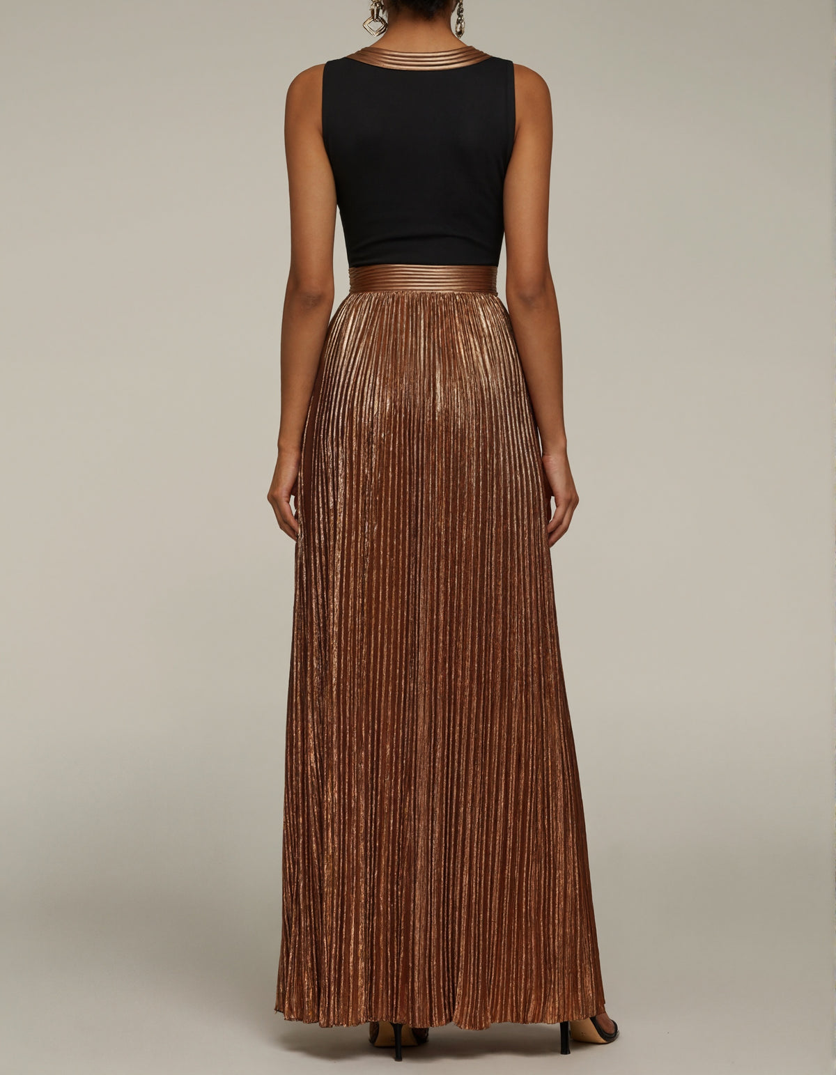 Striking Black and Metallic Bronze Gown with Pleated Satin Skirt