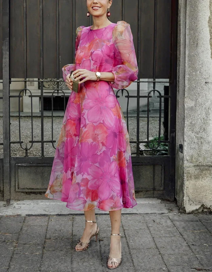 Elegant Organza Midi Dress with Sheer Puff Sleeves and Floral Print