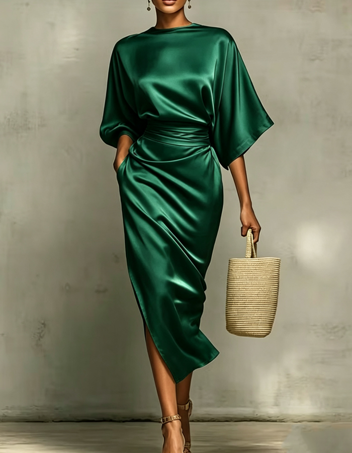 Multicolor Satin Draped Midi Dress