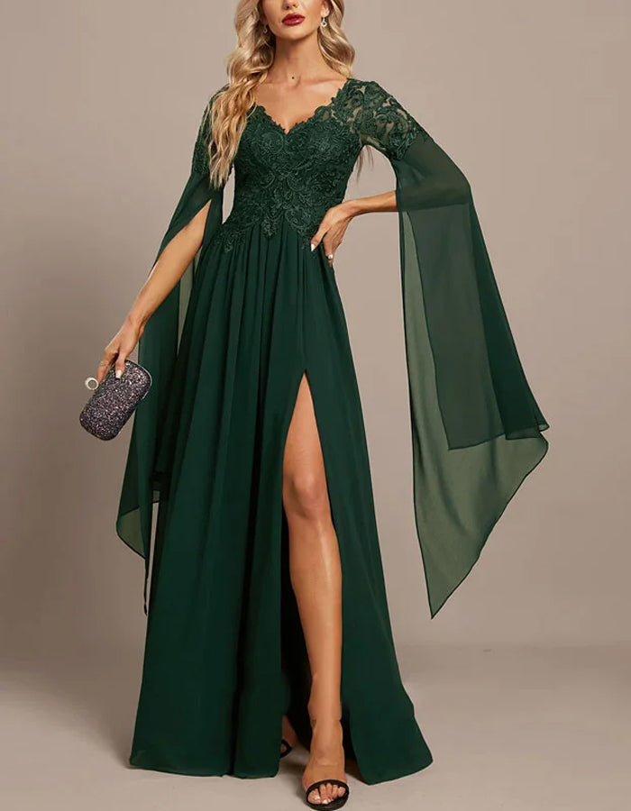 Emerald Green Lace Sleeve Evening Gown with High Slit
