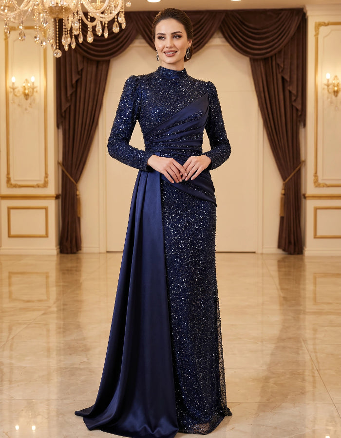 Solid Color Beaded High Neck Long Sleeve Train Maxi Dress