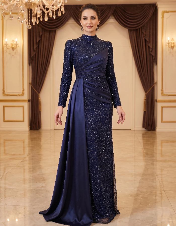 Solid Color Beaded High Neck Long Sleeve Train Maxi Dress