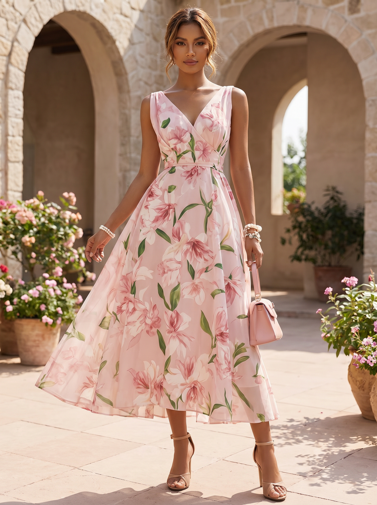 Graceful Pink Floral Midi Dress with Sleeveless V-Neck Bodice