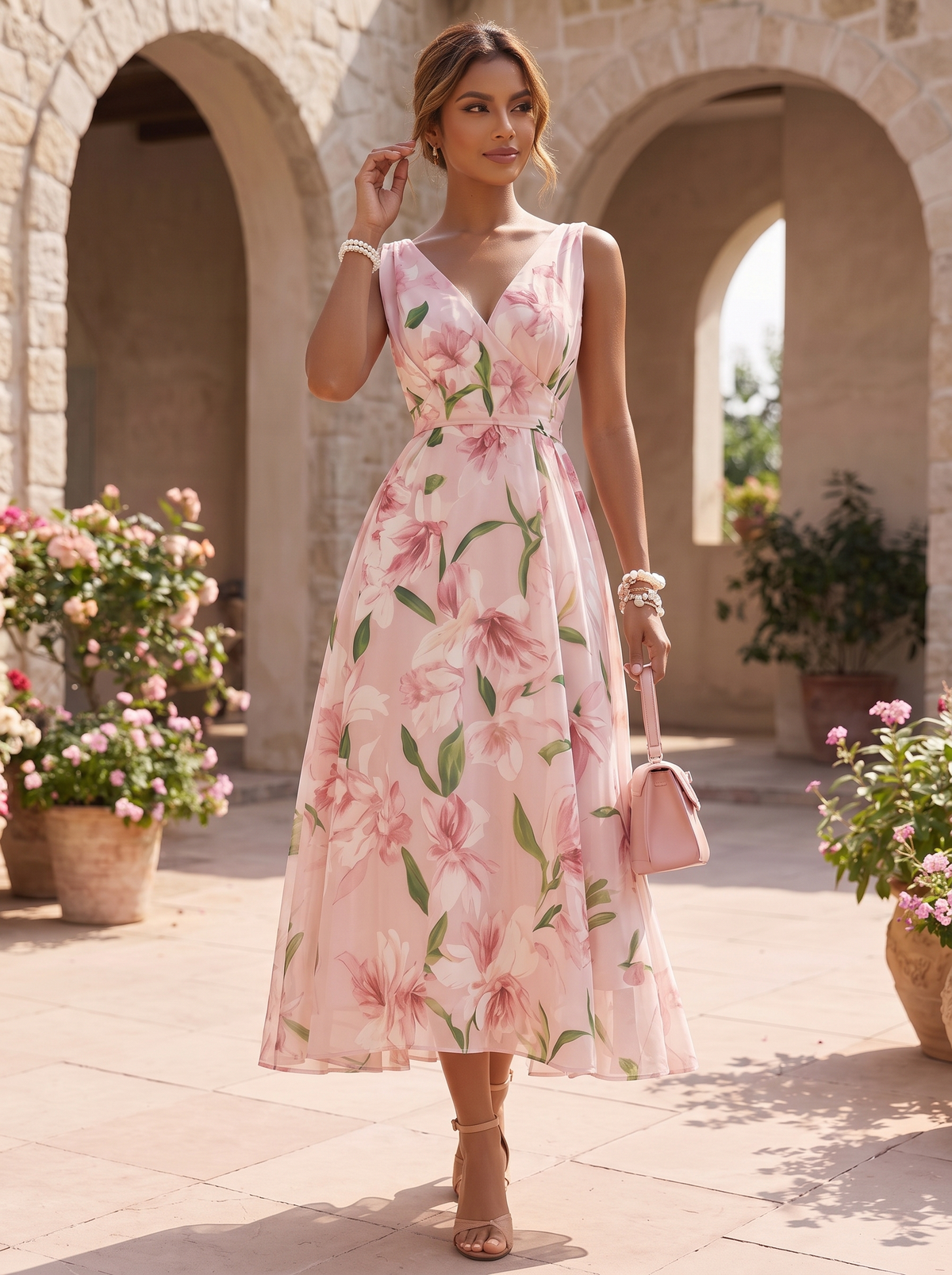 Graceful Pink Floral Midi Dress with Sleeveless V-Neck Bodice