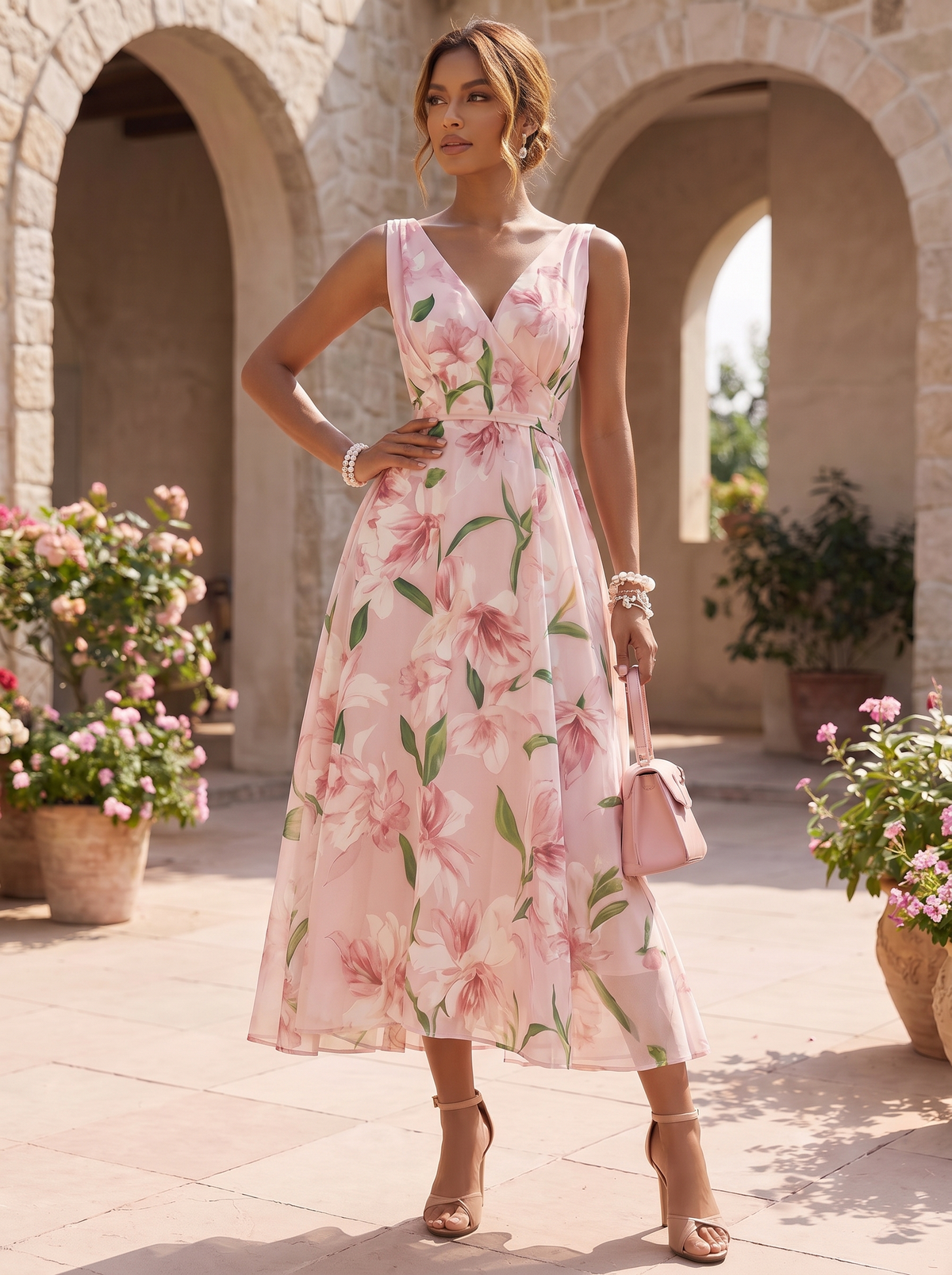 Graceful Pink Floral Midi Dress with Sleeveless V-Neck Bodice