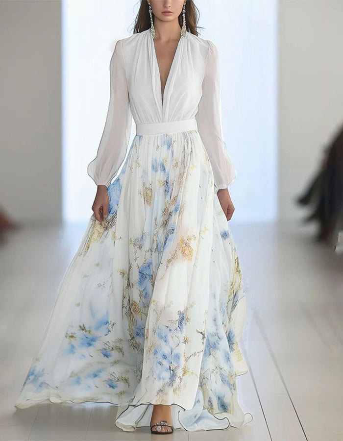 V-neck Long-sleeved Printed Maxi Dress