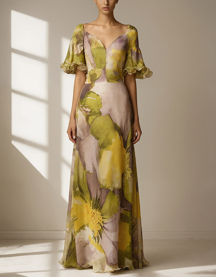 Floral Print Maxi Dress with Ruffled Sleeves