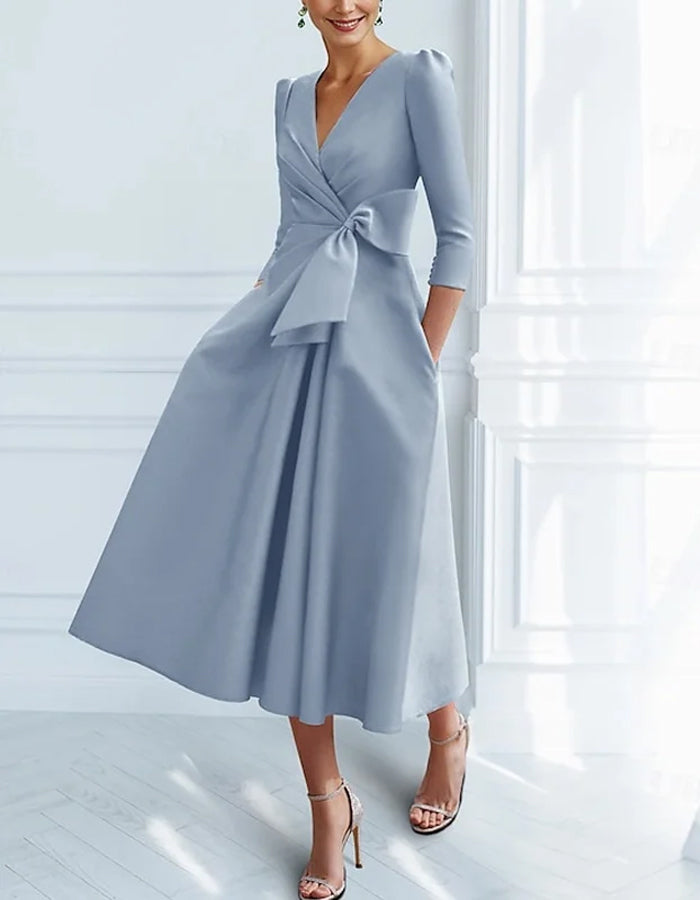Solid Color V-Neck Satin Bow Midi Dress
