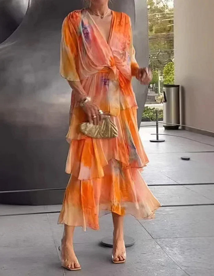Ethereal Chiffon Midi Dress with Watercolor Ruffle Layers