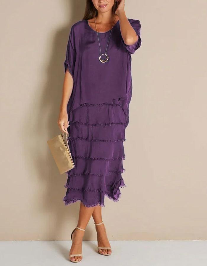 Elegant Chiffon Midi Dress with Tiered Fringe Skirt and Sheer Overlay