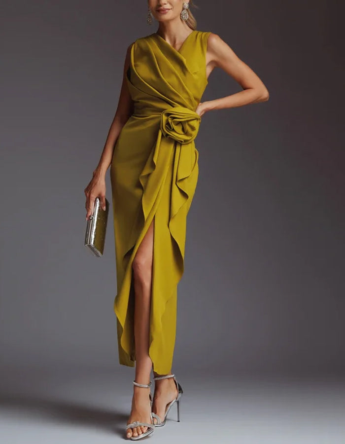Sophisticated Satin Midi Dress with Draped Bodice and Floral Waist