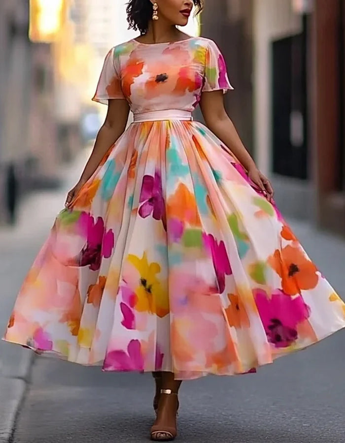 Vibrant Multicolor Chiffon Dress with Watercolor Floral Print