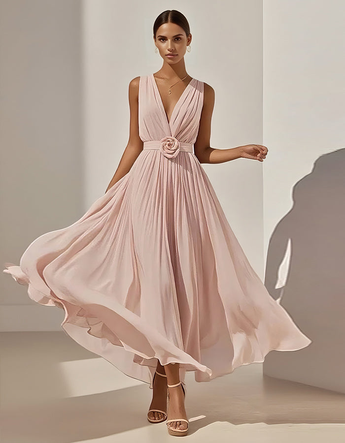 Vestido Midi Romántico de Gasa Plisada con Cintura Floral