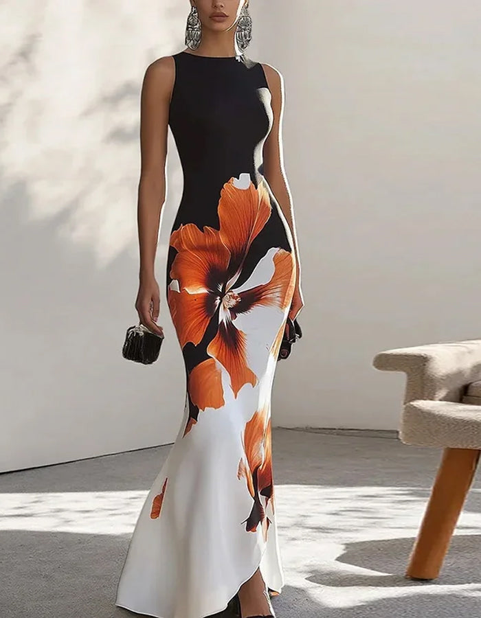 Vestido largo elegante con estampado floral y sin mangas de noche