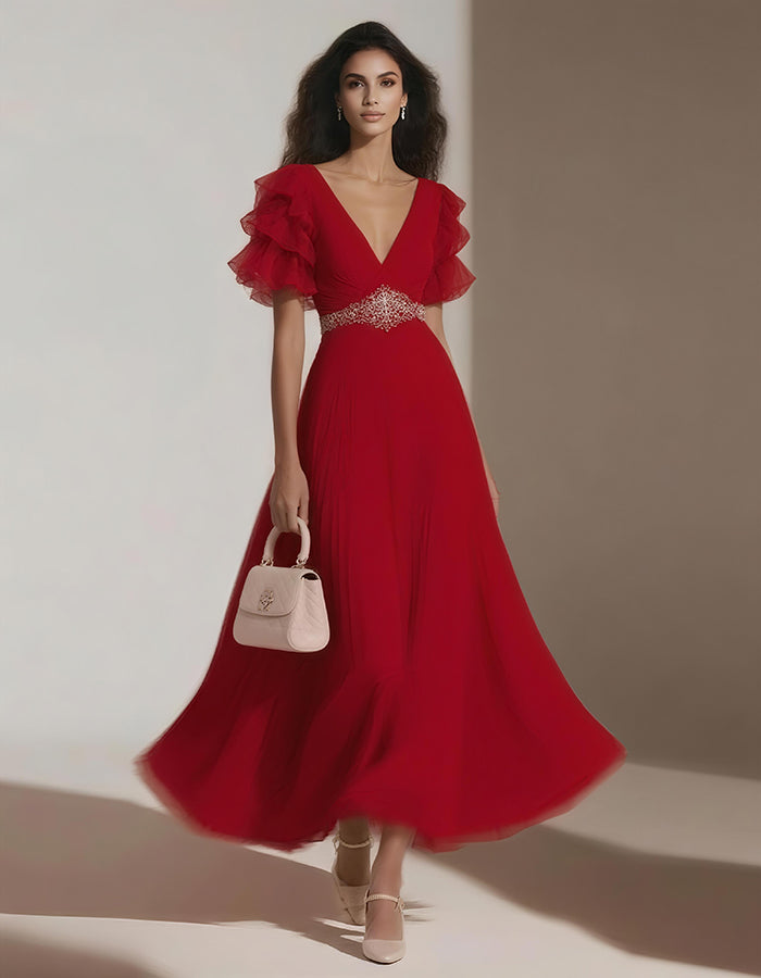 Chiffon Solid Color Lotus Leaf Sleeves Midi Dress