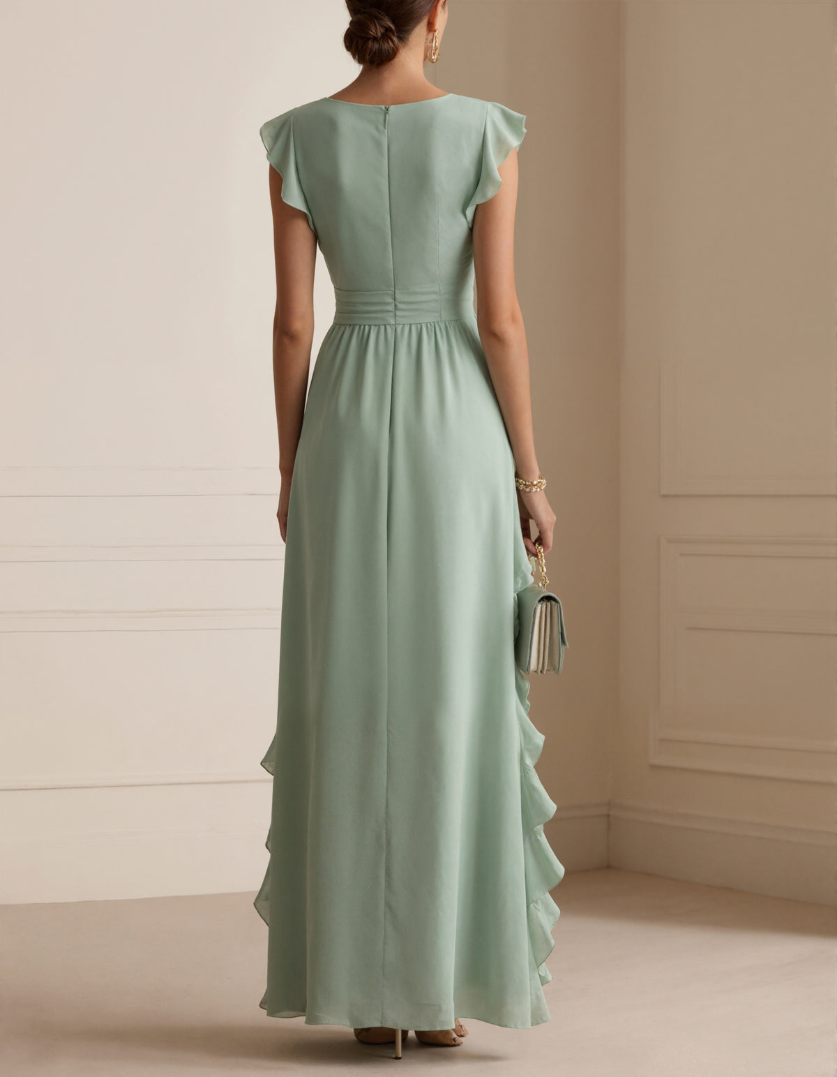 Graceful Mint Green Chiffon Gown with Ruffled Sleeves and Draped Skirt