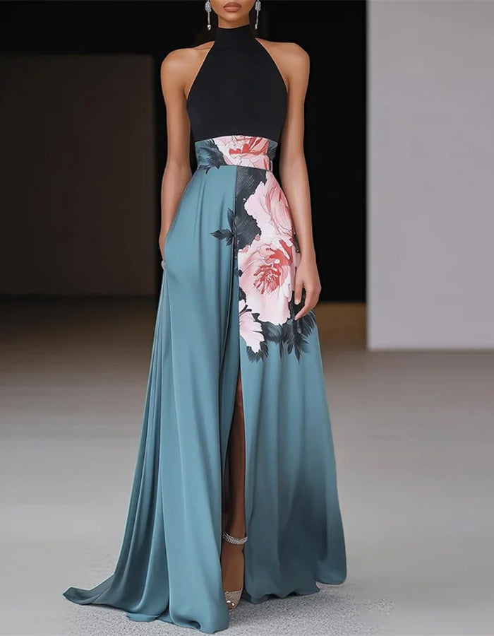Elegante vestido de raso negro y aguamarina con detalle floral en la cintura y abertura frontal