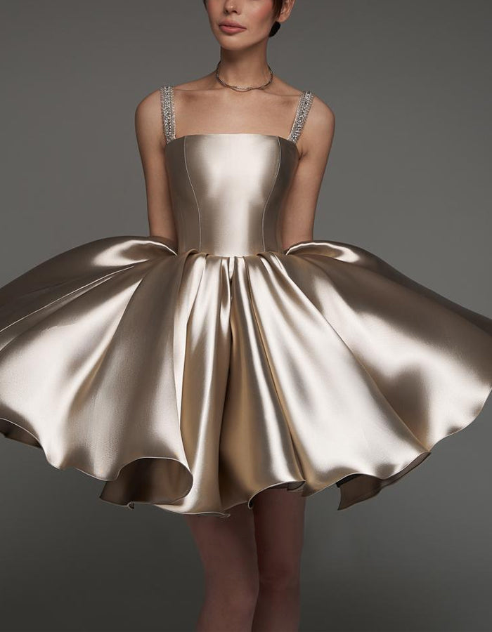 Brown Satin Strapschampagne Satin Shoulder Strap With Diamonds Mini Dress