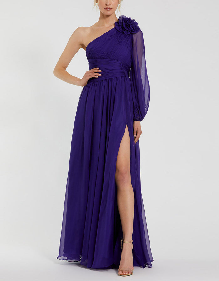 Purple A-line One Shoulder Chiffon  Maxi Dress