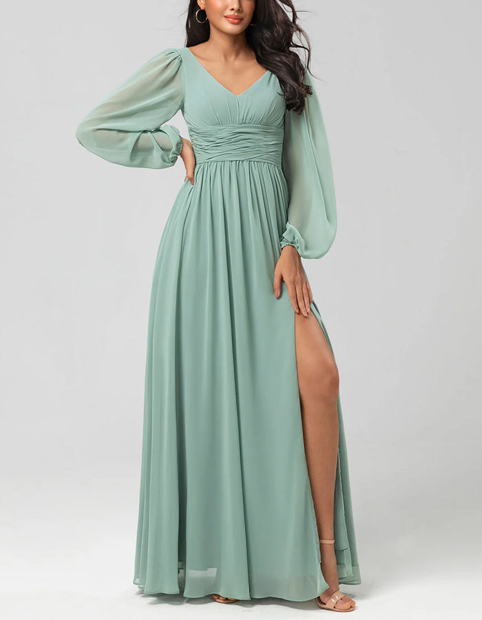 Light Green V-neck Chiffon Waist Pleated Long Sleeves Maxi Dress
