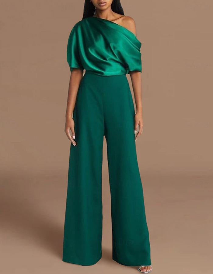 Solid Color Short-sleeved One-shoulder Jumpsuit