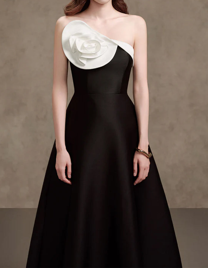 Black A-line Floral Satin Maxi Dress