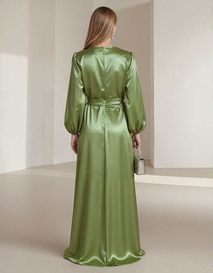 Green V-neck Satin 3D Flowers Maxi Dress