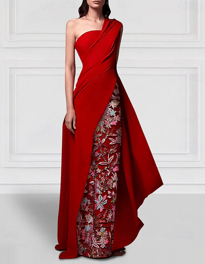 Red One Shoulder Lace Appliqué Maxi Dress