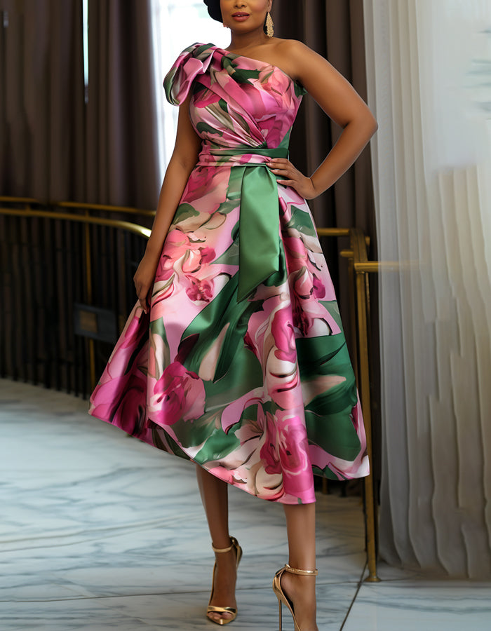 One Shoulder Satin Floral Midi Dress