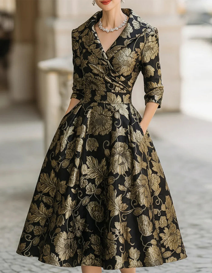 Vestido midi jacquard floral negro y dorado