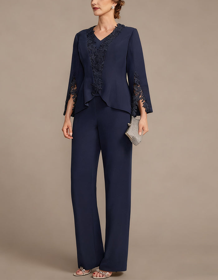 Dark Blue V-neck Short-sleeved Trousers With Lace Patchwork Outerwear 3-Piece Suit