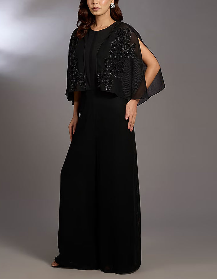 Black Chiffon Crew Neck Jumpsuit
