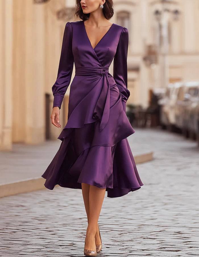 Dark Purple Satin Multi Layered Hem Midi Dress