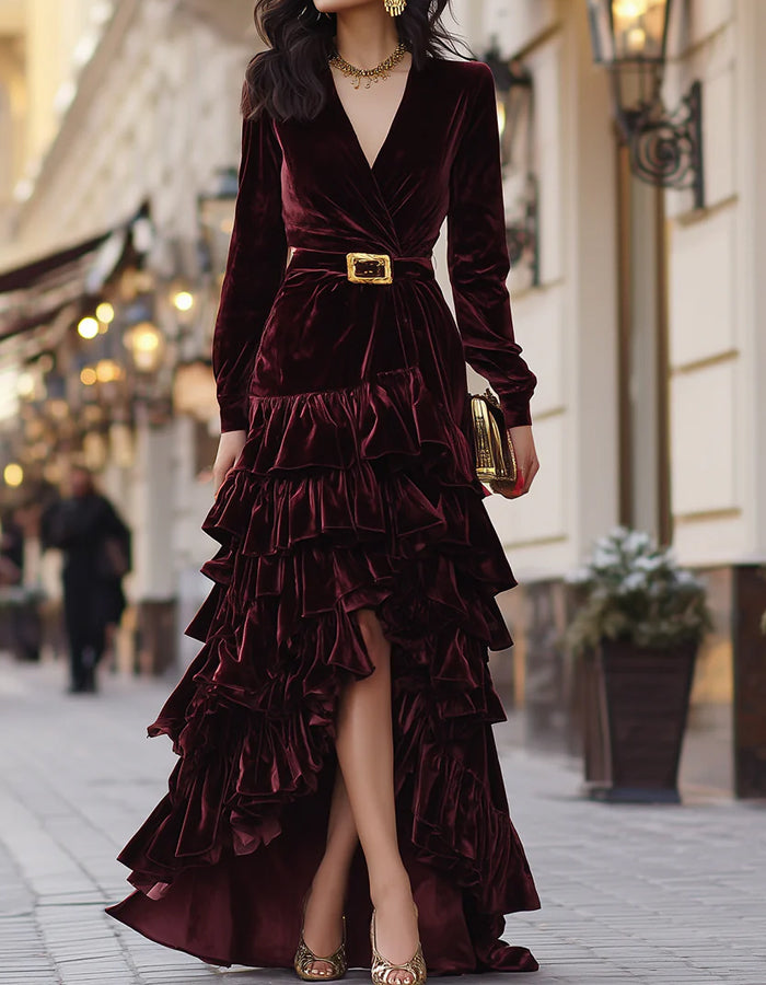 Robe longue en velours bordeaux à volants