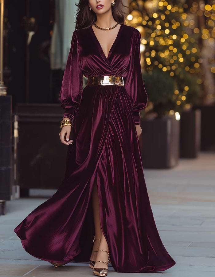 Robe longue en velours bordeaux foncé à manches longues (sans ceinture)
