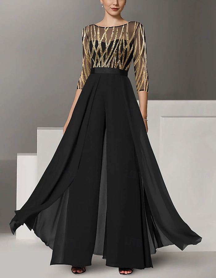 Black And Gold Color Blocked Chiffon Jumpsuit
