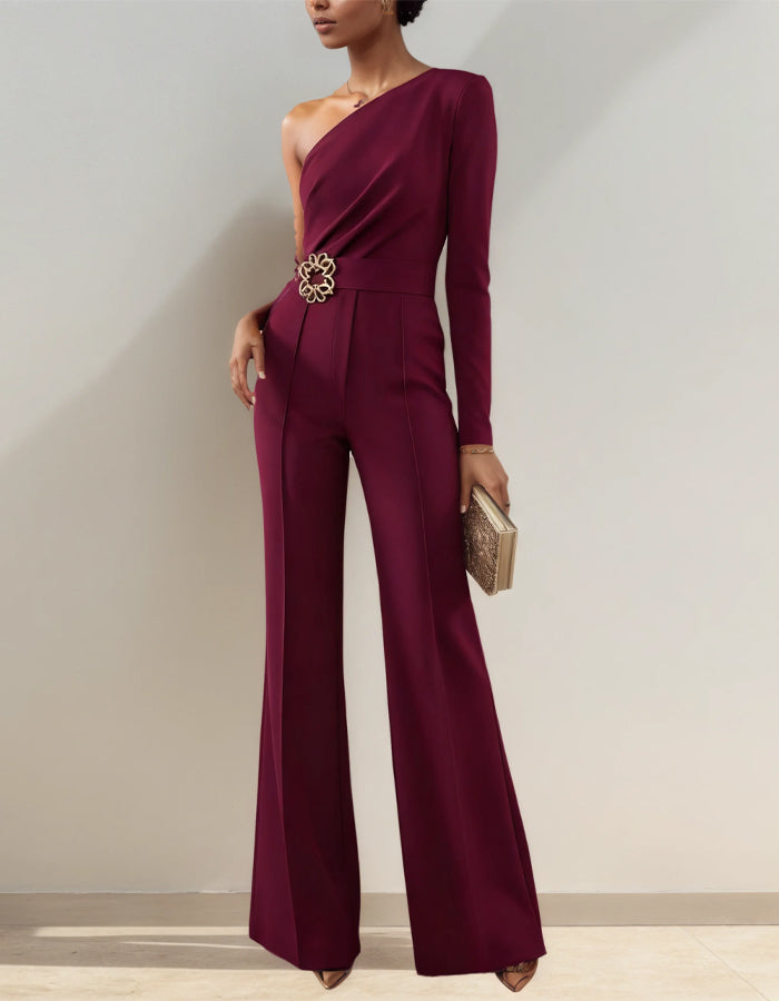 Burgundy Pleated One Shoulder Long Sleeved Jumpsuit