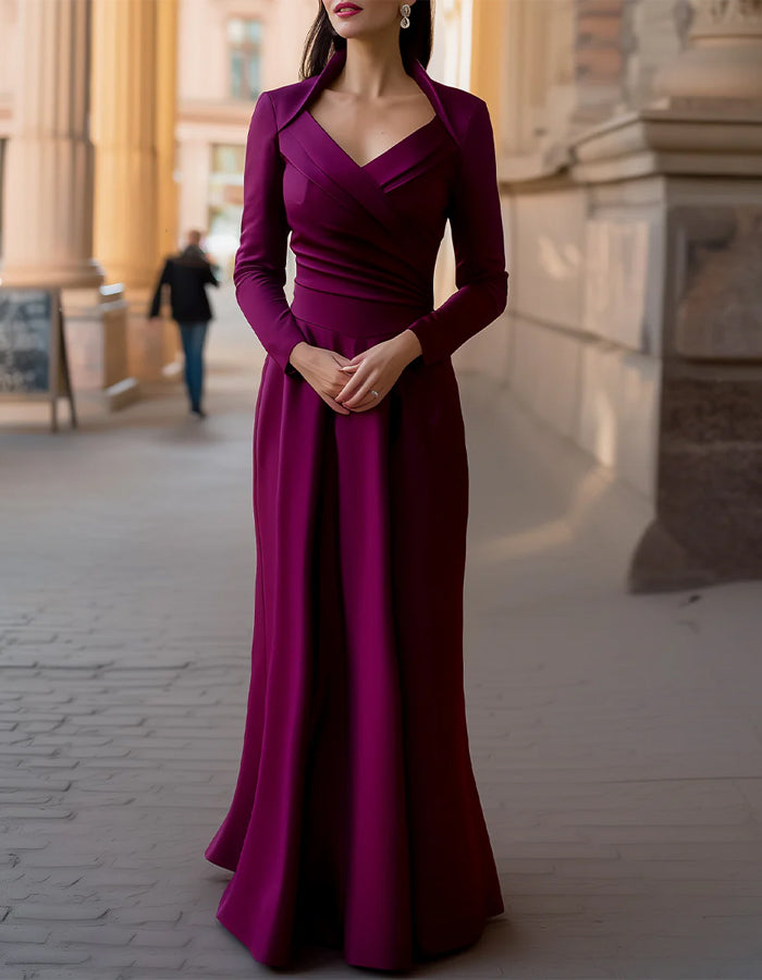 Vestido largo maxi de satén morado rojizo de manga larga